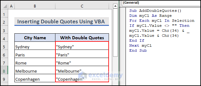 11.2- final output result after running the VBA code to insert double quotes