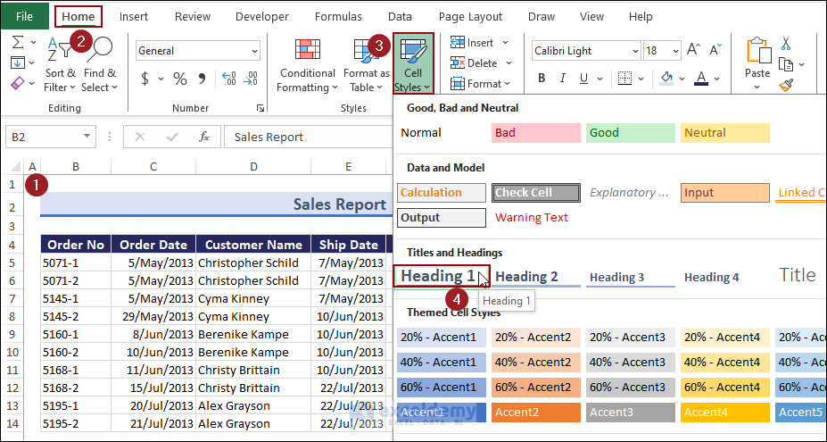 Selection of the Heading 1 option to format title in Excel