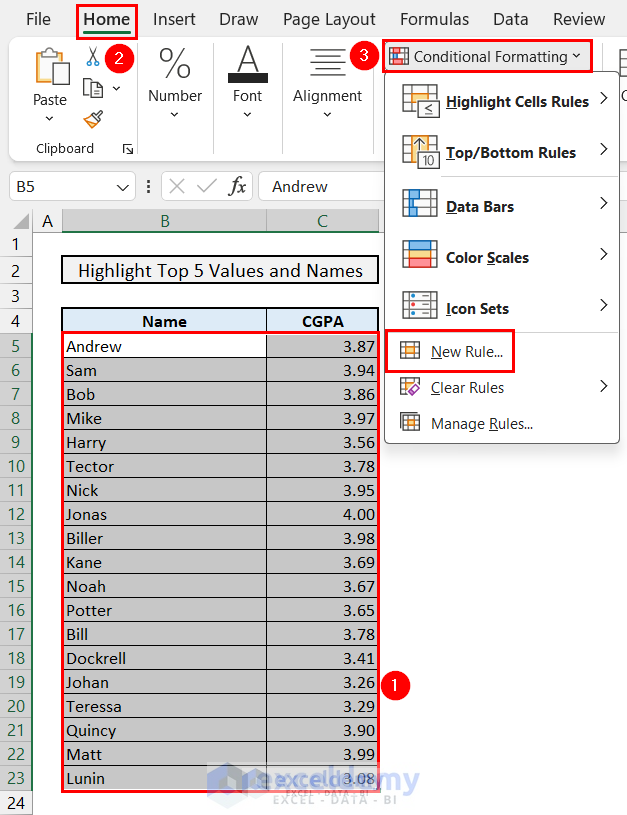 Applying a New Rule from Conditional Formatting dropdown