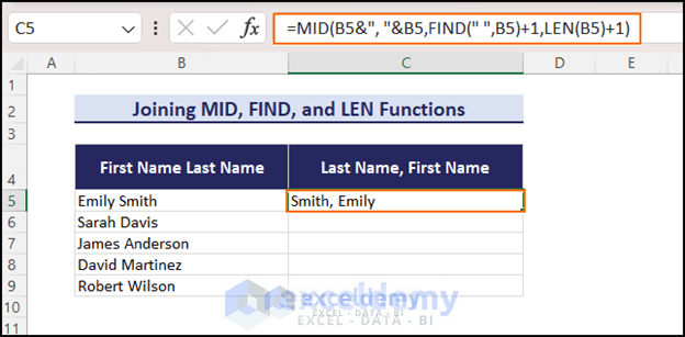 Using Excel formula to reverse names
