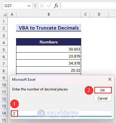Input box to enter the number of decimal places required