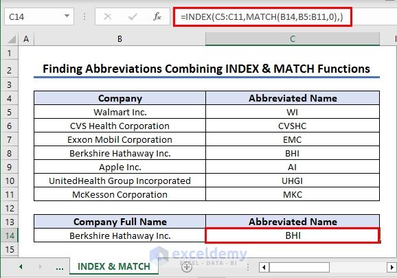 Finiding Abbreviation Combining INDEX & MATCH Functions