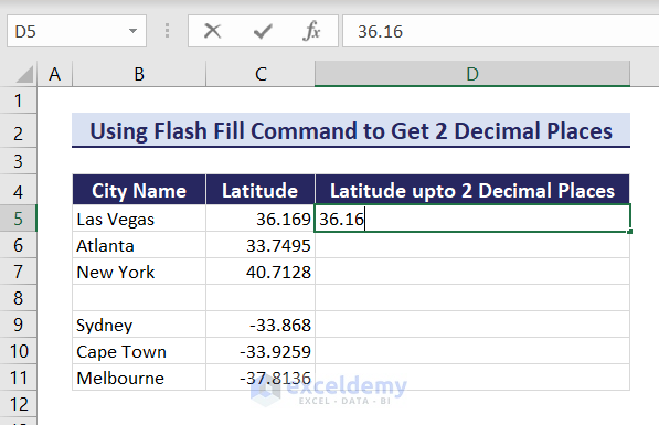 Typing value in cell D5 up to 2 decimal places without rounding