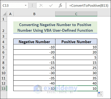 Converting Negative Number to Positive Number Using VBA User-Defined Function