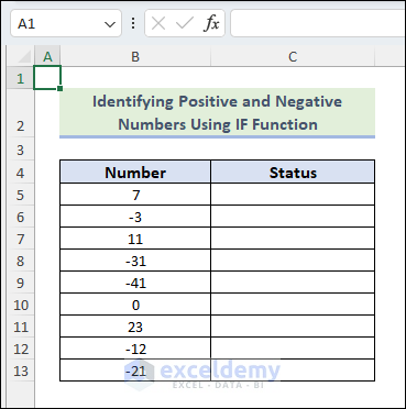 Dataset to Identify Positive and Negative Numbers Using Excel Formulas