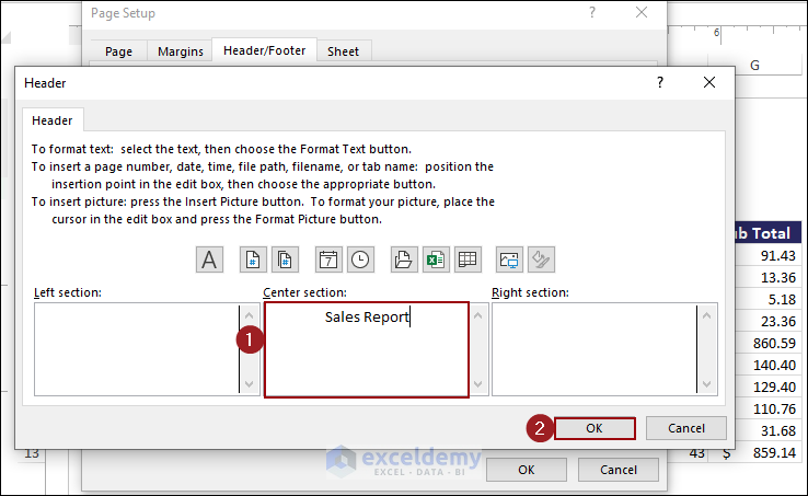 Inserting Sales Report in Center section typing box