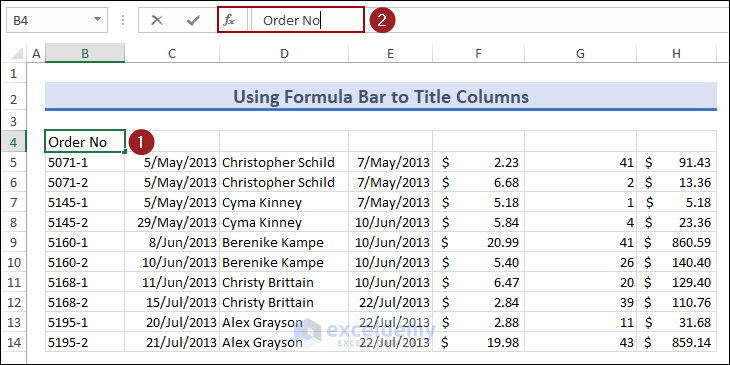 Typing Order No in the Formula Bar