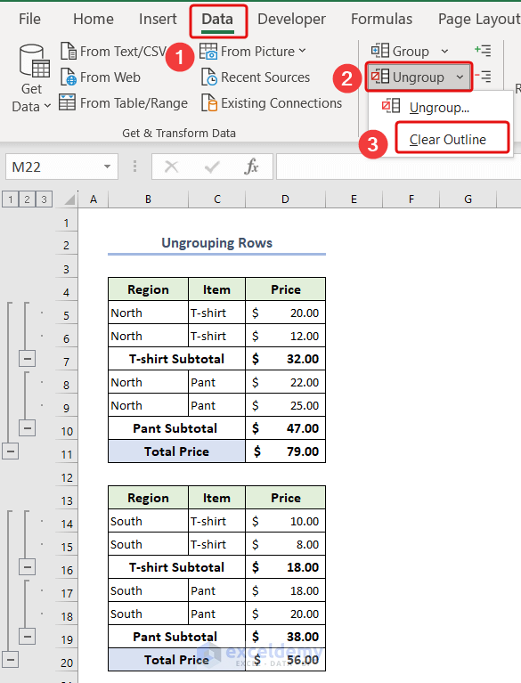 Ungrouping rows using Clear Outline