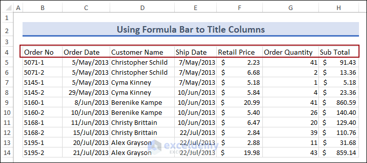 Adding column titles for the rest of the columns