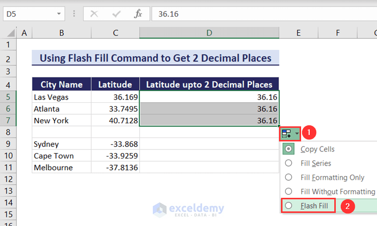 Applying Flash Fill command to get 2 decimal places without rounding for positive values in Excel