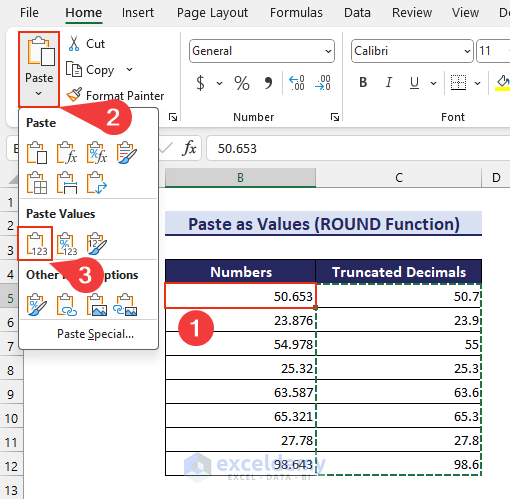 Selecting Values (V) option from Paste dropdown