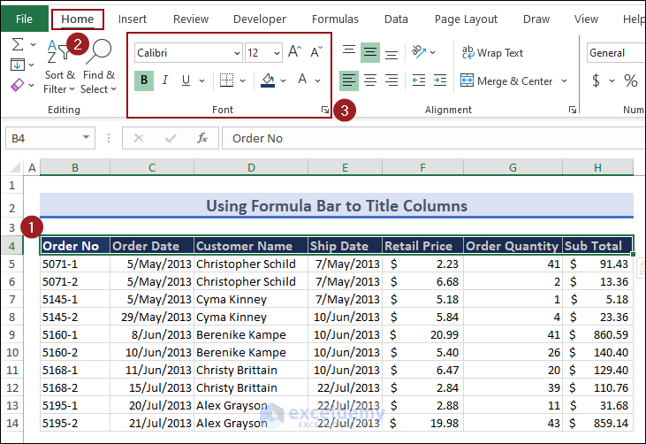 Using Font group to format title columns