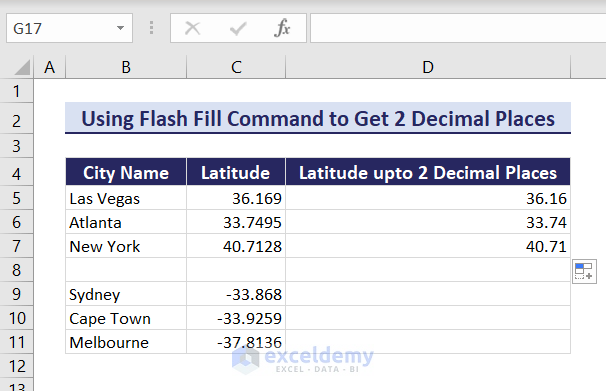 Showing 2 decimal places without rounding for positive values in Excel after applying Flash Fill command