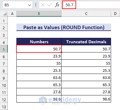 Equal values in cell and Excel formula bar after removing decimals