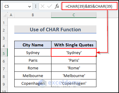 2- using CHAR function to add single quotes in Excel