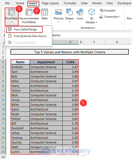 Inserting a Pivot Table from Insert tab