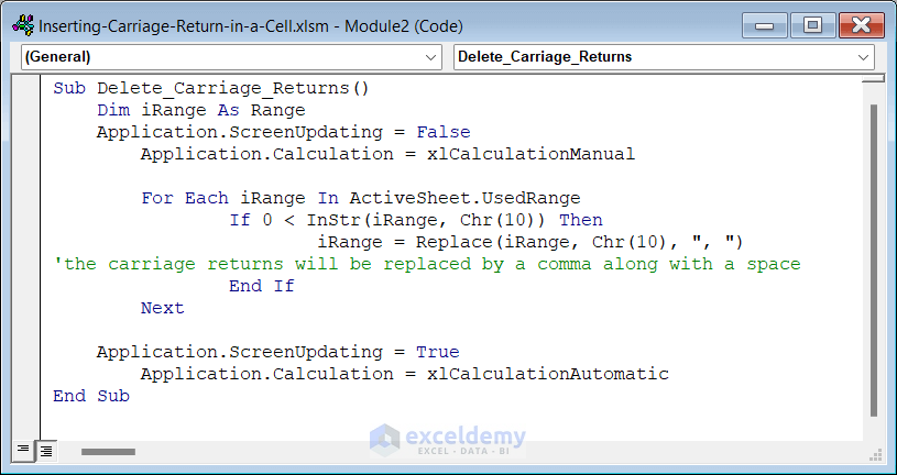 VBA code to remove carriage return in Excel
