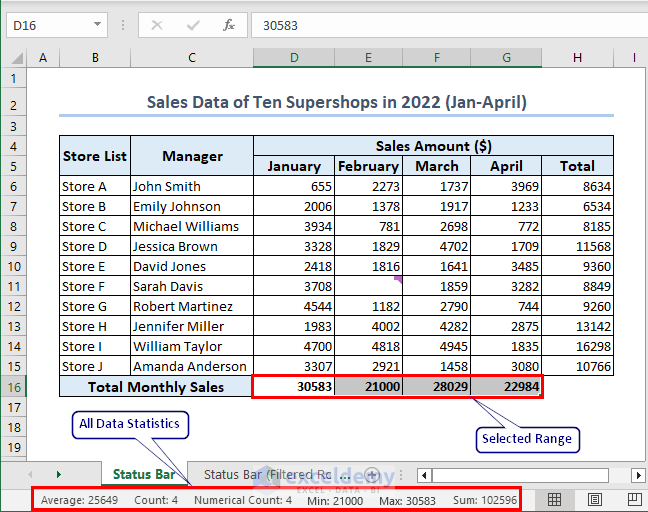 Customized Data Statistics Inside Status Bar in Excel