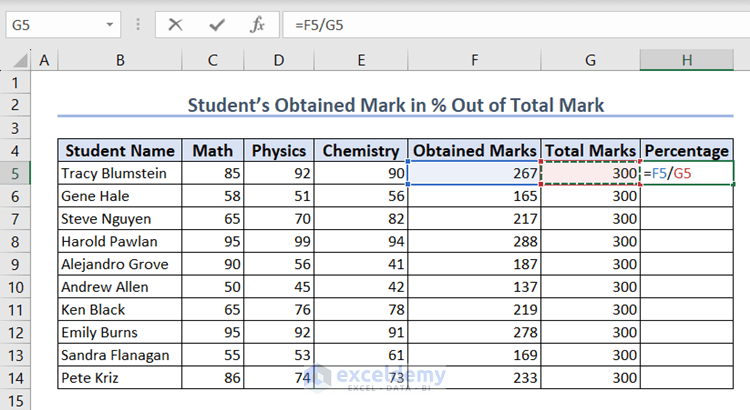 Using Excel formula to calculate the individual mark in percentage of total mark