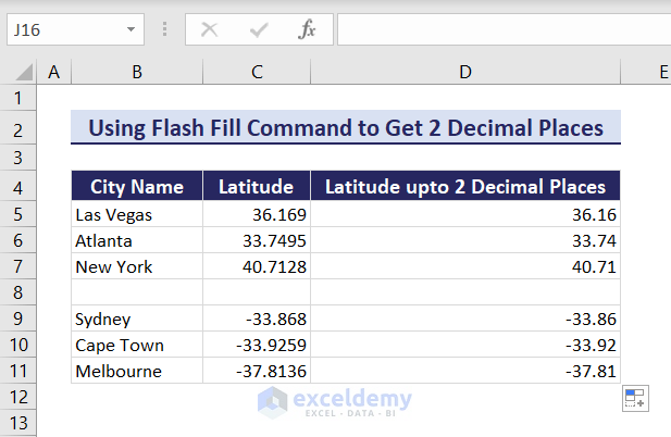 Showing 2 decimal places without rounding for positive and negative values in Excel after applying Flash Fill command separately