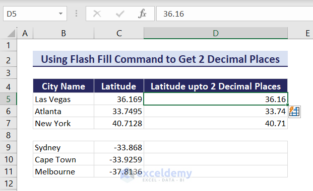 Showing 2 decimal places without rounding for positive values in Excel after applying Flash Fill command