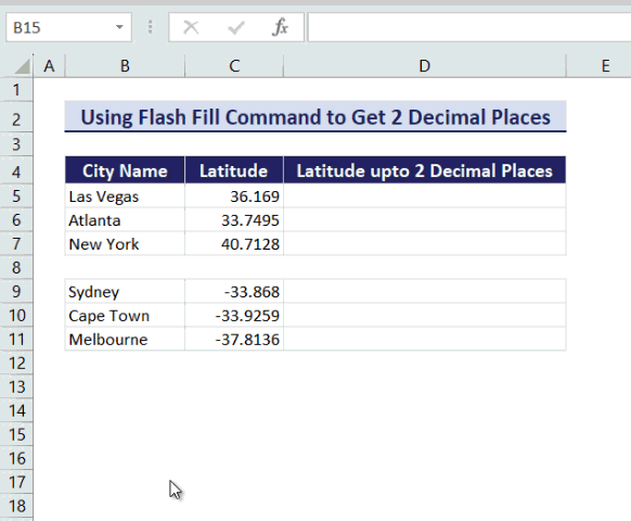 Applying Flash Fill command using keyboard shortcut to get 2 decimal places without rounding for positive values in Excel