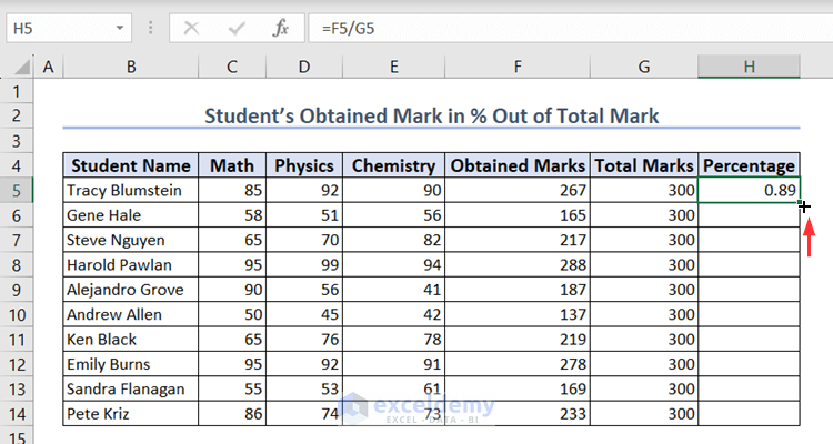 Using Fill Handle icon to calculate the individual mark in percentage of total mark for all students