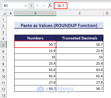 Equal values in cell and formula bar after removing decimals using Paste as Values command in Excel