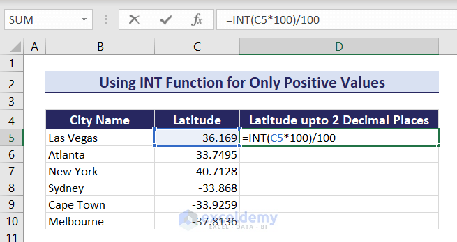 Using INT function to get 2 Decimal Places without rounding in Excel for only positive values