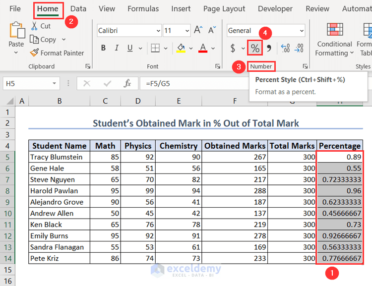 Using Percent Style command to format the result in Percentage format