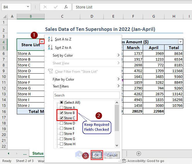 Filtering Rows to Show Status Bar in Excel