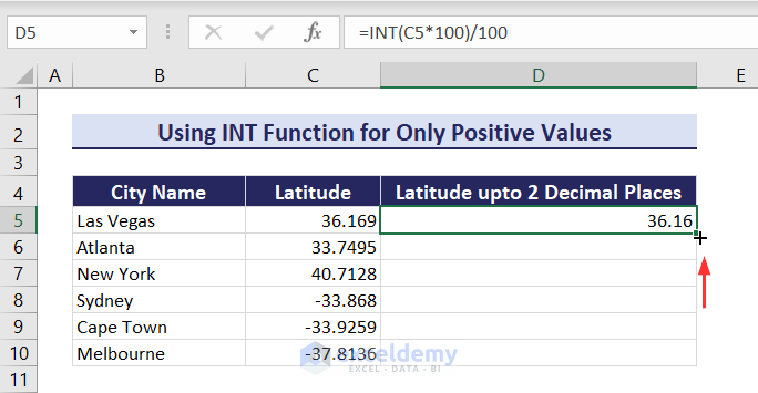 Showing 2 Decimal Places without rounding in Excel for only positive values using INT function