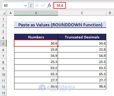 Equal rounded down values in Cell and formula bar