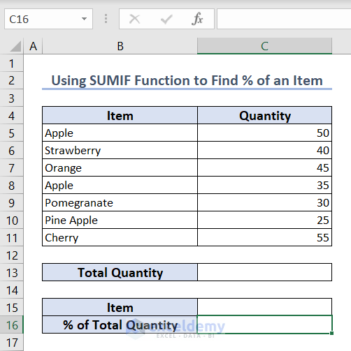 Dataset to calculate Quantity in percentage of the Total Quantity in Excel