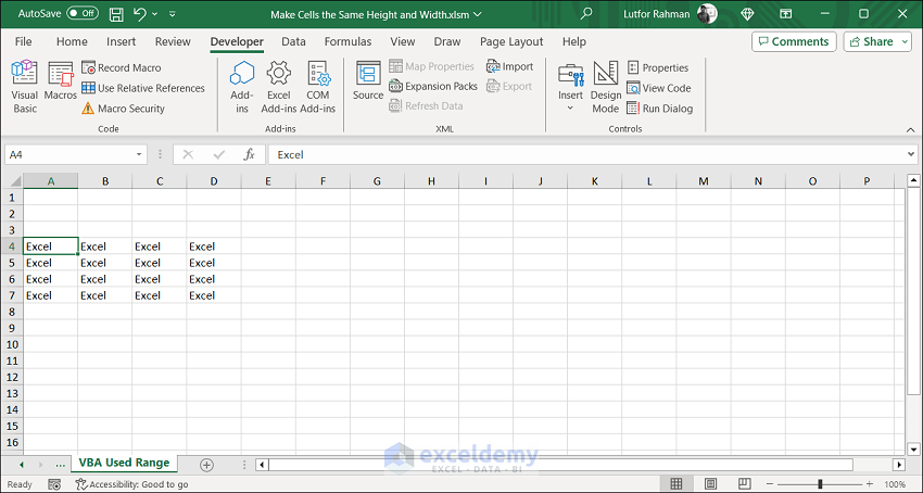 Initial Excel Sheet to make Cells Equal in Height and Width within Used Range using VBA