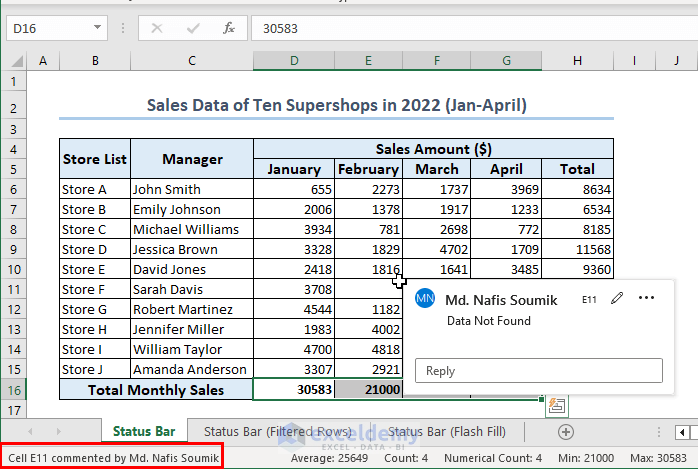 Showing Comment Author Inside Status Bar in Excel