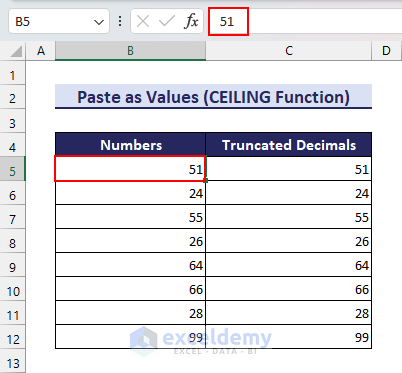Output after using Paste as Values command to remove decimals in Excel formula bar