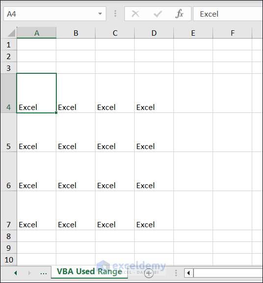 Output of running VBA to make same height and width cells for Used Range