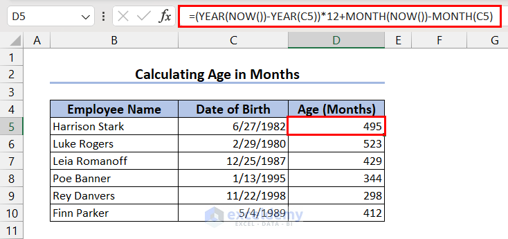 Using YEAR, NOW and MONTH Functions to Calculate Current Age in Months