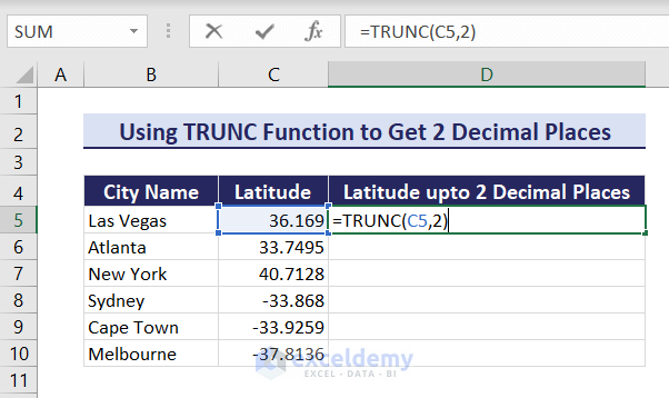 Using TRUNC function to get 2 decimal places without rounding in Excel