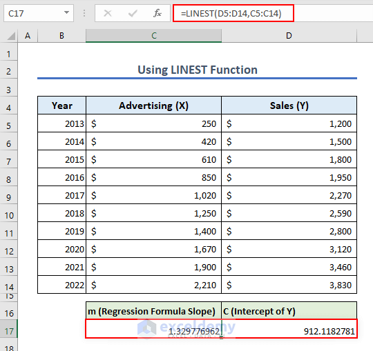 using linest function for regression analysis