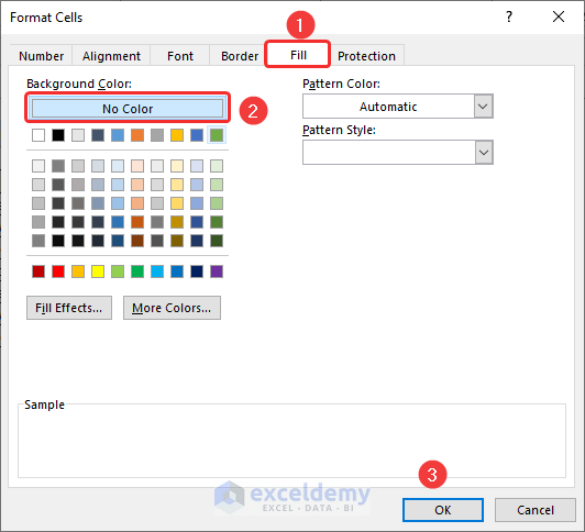 Choose No color in the Format Cells dialog box