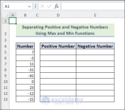 Dataset to Separate Positive and Negative Numbers Using Excel Formulas