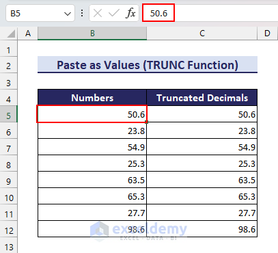 Equal values in formula bar and cell after pasting as values to remove decimals in Excel formula bar