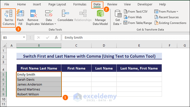 using Text to Column Wizard to switch first and last name in Excel with comma