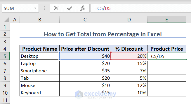 Using Excel formula to calculate the product price from percentage of discount in Excel