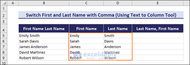 using Text to Column Wizard to switch first and last name in Excel with comma