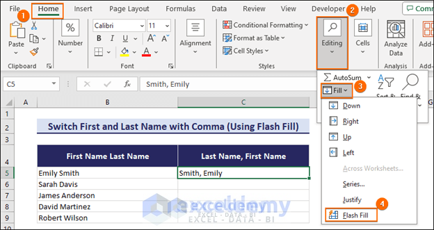 Selecting Flash Fill from Home tab