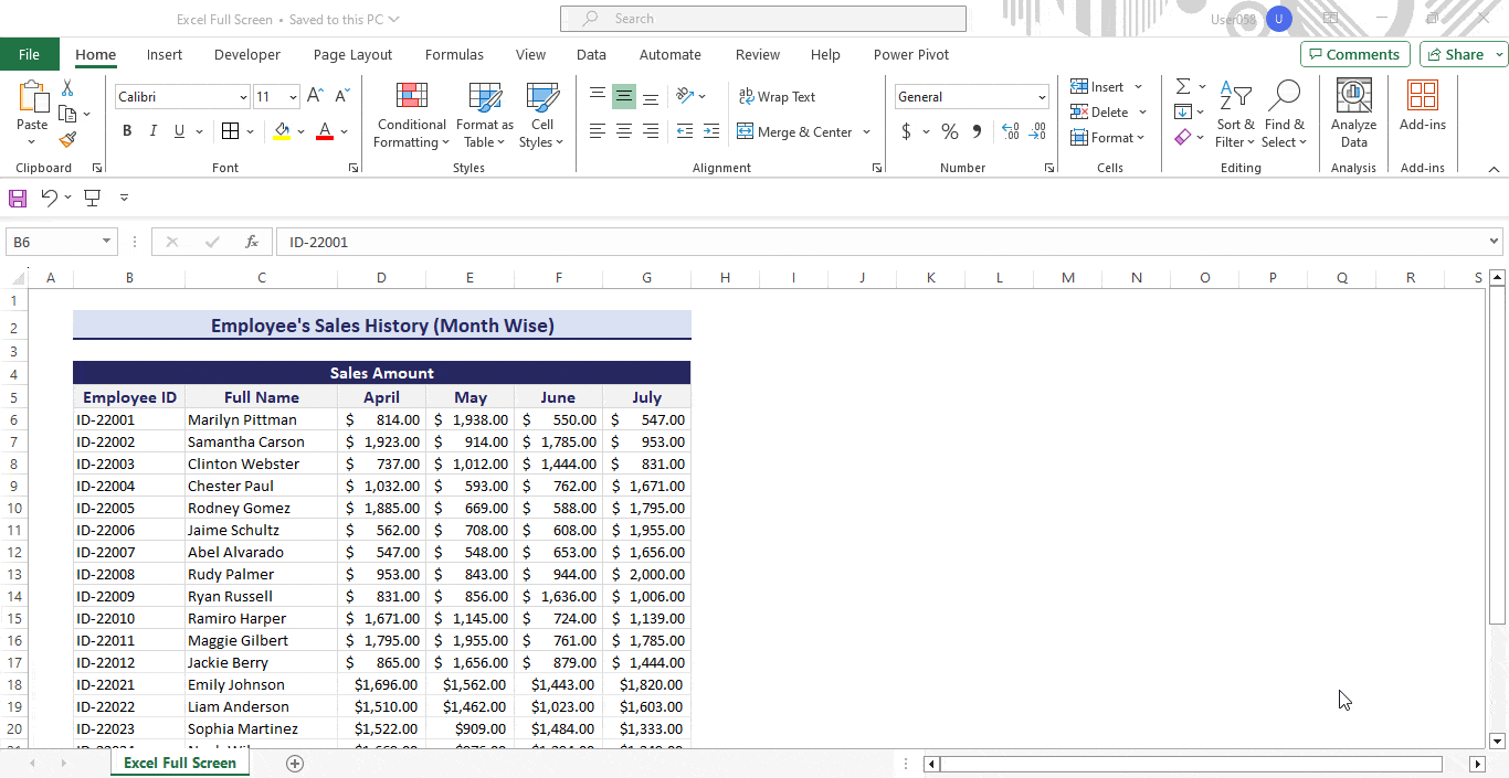 Using keyboard shortcut to excel full screen