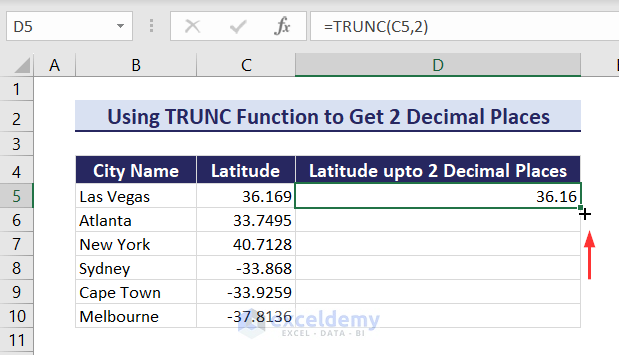 Showing 2 decimal places without rounding in Excel using TRUNC function